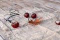 Fall theme flat lay, with chestnuts a brown leaf, and simple glasses. fall concept