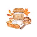 Watercolor autumn mood illustration. Hand drawn pumpkin spice latte, pie, cinnamon roll, fall orange leaves