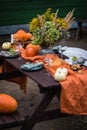 Fall themed holiday table setting arrangement for a seasonal party Royalty Free Stock Photo