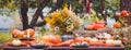 Fall themed holiday table setting arrangement for a seasonal party, banner Royalty Free Stock Photo