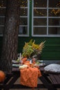 Fall themed holiday table setting arrangement for a seasonal party in the yard Royalty Free Stock Photo