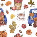 Fall themed seamless pattern. Watercolor truck with apples and mums in a basket, pumpkins, autumn leaves, cup of warm tea.