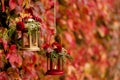Fall time. Autumn decoration. Candlesticks in the form of lanter Royalty Free Stock Photo