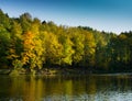 Fall time yellow and orange trees around the pond Royalty Free Stock Photo