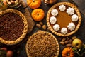 Fall traditional pies pumpkin, pecan and apple crumble Royalty Free Stock Photo