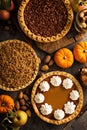 Fall traditional pies pumpkin, pecan and apple crumble Royalty Free Stock Photo