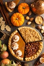 Fall traditional pies pumpkin, pecan and apple crumble