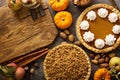 Fall traditional pies pumpkin, pecan and apple crumble Royalty Free Stock Photo