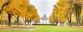 Fall trees in Jubelpark and Triumphal Arch in Brussels, Belgium.