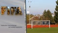 Fall trees reflections in the FIFA entrance sign at the Zurich headquarters with soccer field and goal