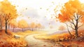 Serene Autumn Landscape: Animated Illustration Of A Tree Lined Path Royalty Free Stock Photo