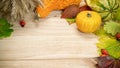 Fall trendy. Natural harvest with wheat grain ear orange pumpkin, fall dried leaves, red berries and acorns, chestnuts