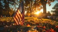 Fall Tribute: National & Army Flags on Gravestone in Military Cemetery Royalty Free Stock Photo