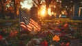 Fall Tribute: National & Army Flags on Gravestone at Military Cemetery Royalty Free Stock Photo