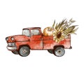 Fall Truck with pumpkin, corn cobs, sunflowers. Autumn harvest vintage illustration Royalty Free Stock Photo