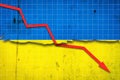 Fall of the Ukraine Economy. Recession graph with a red arrow on the Ukraine flag. Economic decline. Decline in the economy of