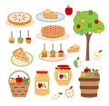 Fall apple harvest set of illustrations. Apples, pies, tree, jam jar, baskets. Isolated on white background Royalty Free Stock Photo