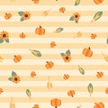Fall vector background. Pumpkins, corn, sunflowers, wheat, crop on orange stripes. Seamless repeating pattern. Autumn