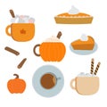 Autumn vector spice latte clipart. Pumpkin spice latte mugs, cup, pumpkin pies, slices. Isolated on white background
