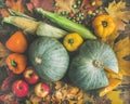 Fall vegetables assortment over wooden table background, top view Royalty Free Stock Photo