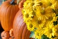 Fall Vignette with Yellow Chrysanthemum Flowers and Pumpkins on a Front Porch