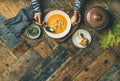 Fall warming pumpkin cream soup, copy space Royalty Free Stock Photo