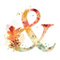 Fall Watercolor ampersand. Watercolor Autumn Alphabet with autumn oak leaves & acorns.