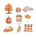 Watercolor autumn illustration. Coffee latte cup, pumpkin, pie, tree, foliage, pillow, candle, isolated. Fall graphics Royalty Free Stock Photo