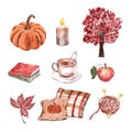 Fall watercolor illustration set. Pumpkin, pillow, maple tree, candle and leaf. Warm orange and red color palette Royalty Free Stock Photo