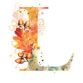 Fall Watercolor Letter L. Watercolor Autumn Alphabet.