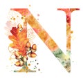 Fall Watercolor Letter N. Watercolor Autumn Alphabet.