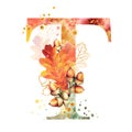Fall Watercolor Letter T. Watercolor Autumn Alphabet.