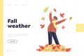 Fall weather concept of landing page with boy playing with yellow autumn leaves