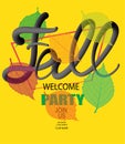 Fall welcome party announcement banner with colorful falling leaves and volume letters. Royalty Free Stock Photo