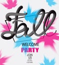 Fall welcome party announcement banner with colorful maple leaves and volume letters.