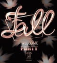 Fall welcome party announcement banner with gold maple leaves and volume letters.