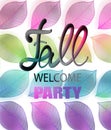 Fall welcome party announcement poster with colorful falling leaves and volume letters.