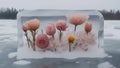fall winter ethereal frozen flowerinside ice block - still life