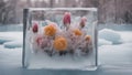 fall winter ethereal frozen flowerinside ice block - still life