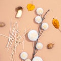 Fall Winter flat lay art. Autumn decor brunch and mushrooms. Trendy brown and beige colours shades. Aesthetic seasonal minimal