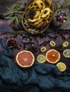 Fall and winter ingredients still life with grapefruits,lemon,, cranberry, nuts and spices, herbs Ingredients for Christmas Baking Royalty Free Stock Photo