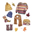 Fall or winter warm clothes set. Watercolor sweater, scarf, cocks, boots, hats, isolated. Autumn cozy outfit