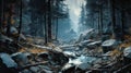 Fall Woods: A Dark And Serene Painting Of A Waterfall In The Forest
