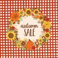 Fall wreath Autumn wreath illustration on red checkered background. Autumn sale banner