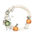 Fall wreath with orange elements. For cards, backgrounds. Watercolor illustration for scrapbooking. Perfect for wedding invitation