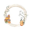 Fall wreath with orange elements. For cards, backgrounds. Watercolor illustration for scrapbooking. Perfect for wedding invitation