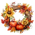 Fall Wreath PNG, Autumn Wreath PNG, Watercolor Autumn Harvest Circle Frame for Thanksgiving Sublimation, Autumn Thanksgiving