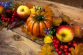 Fall wreath with pumpkin, purple flowers, apples Royalty Free Stock Photo
