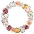 Fall wreath with colorful pumpkins and fall flowers. Watercolor Thanksgiving template decorated with asters.