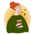 Fall young woman with a cup of hot drink. Young attractive cozy woman with a cup of coffee or tea. Covid 19 Stay Home -